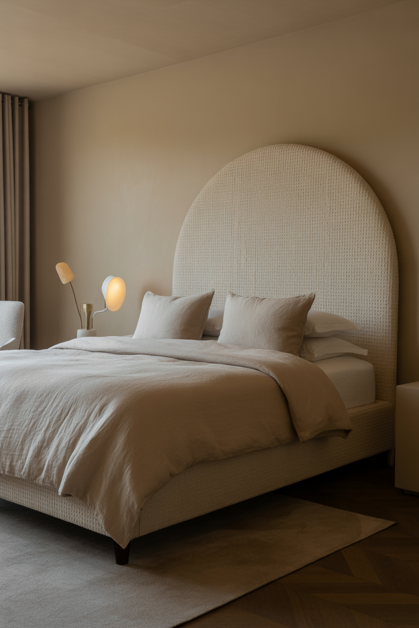 Organic modern bedroom with linen bedding, jute rug, and indoor plant — grown woman bedroom idea